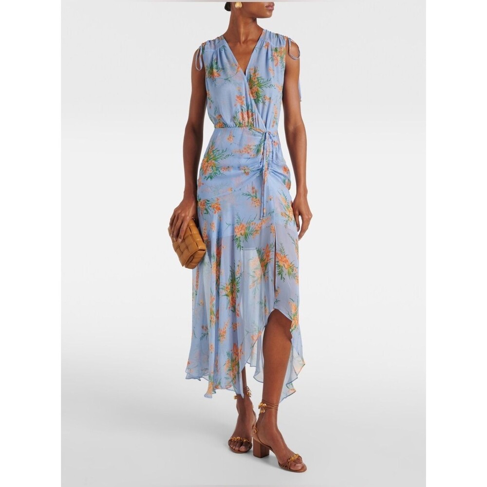 Veronica Beard Dovima Ruched Floral Silk High Low Wrap Midi Dress Size 10
